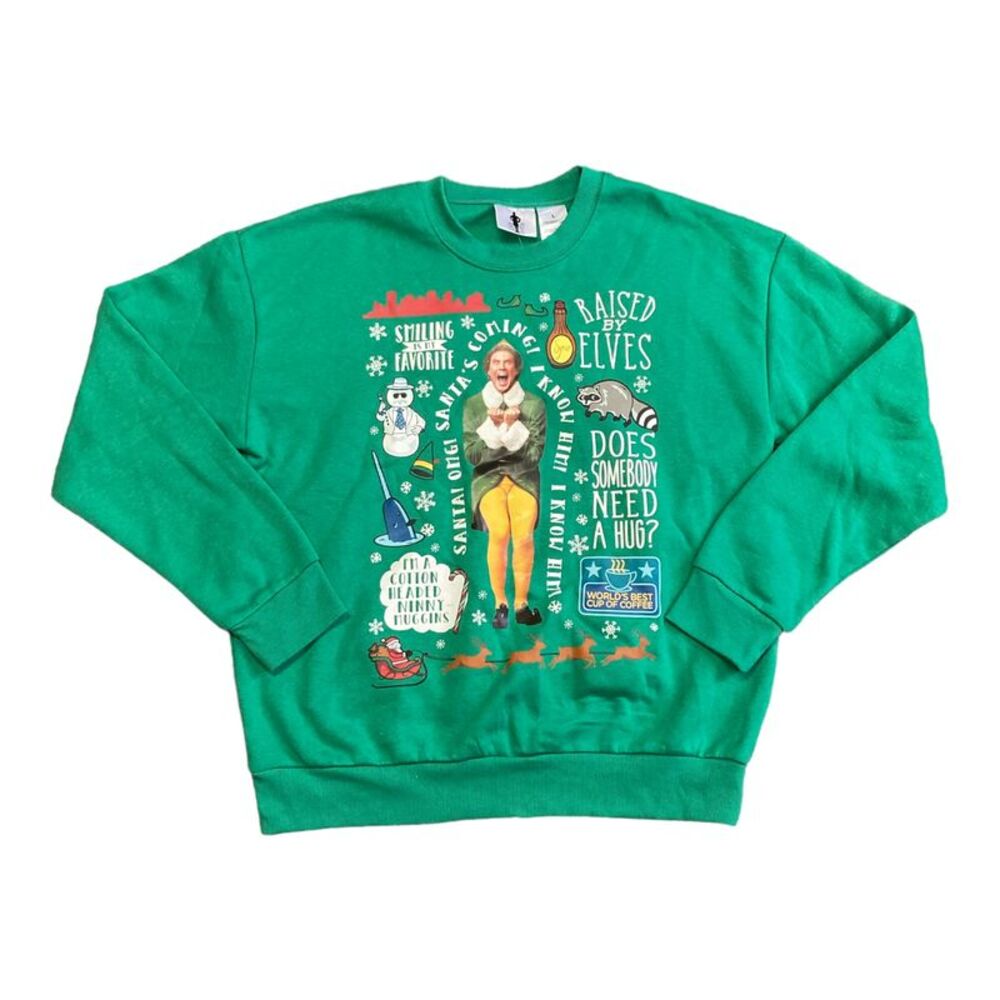 Green - Elf Kid's Long Sleeve Talking Graphic Print Soft Holiday Print Sweatshir